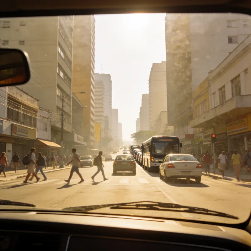 Rua movimentada do centro, vista de dentro do carro
