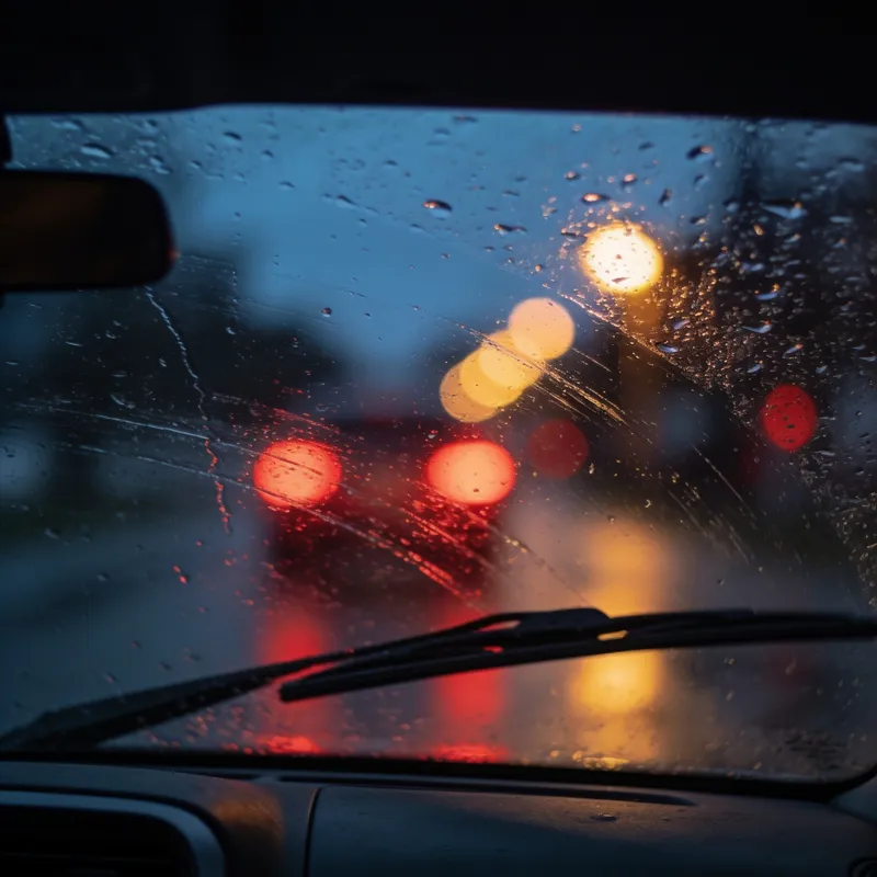 Para-brisa na chuva ao anoitecer, com luzes desfocadas à frente