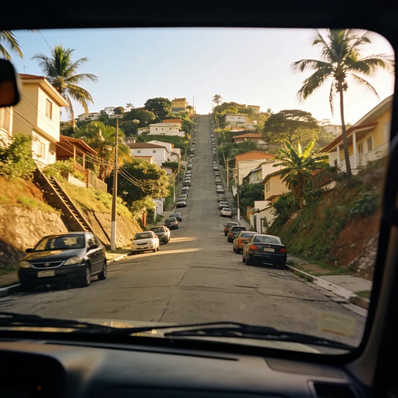 Rua em ladeira vista pelo para-brisa