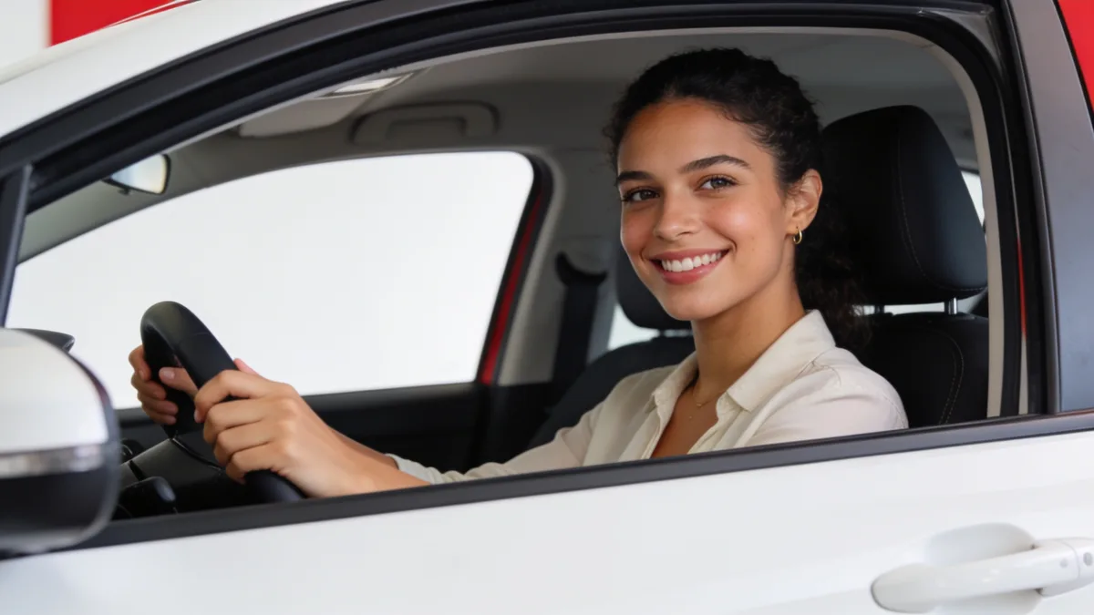Mulher jovem sorridente ao volante de um carro, vista pela janela