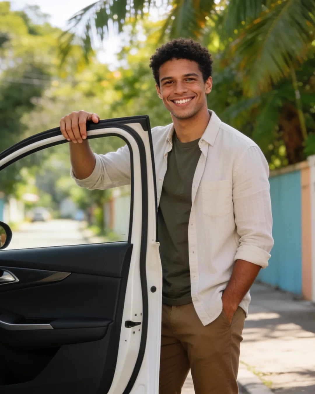 Homem jovem sorridente ao lado de um carro com a porta aberta, numa rua arborizada